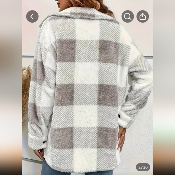 Buffalo Plaid Button Up Teddy Shacket Gray & White Checkered NWT - Picture 2 of 6